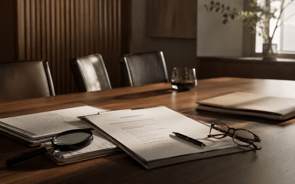 Documents under review with magnifying glass and reading glasses on a boardroom table