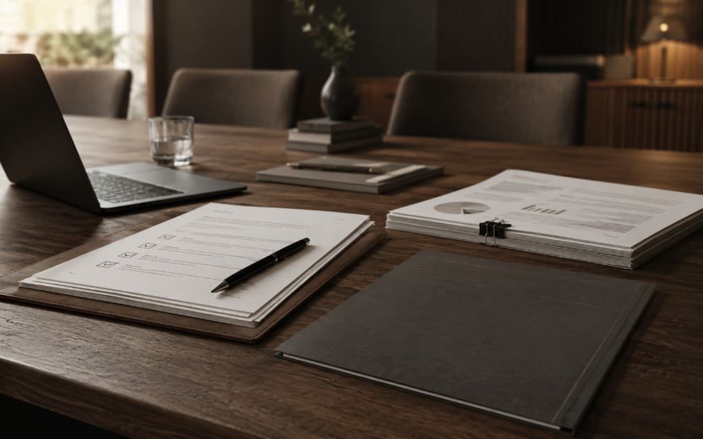 Business documents and preparation materials on a meeting table